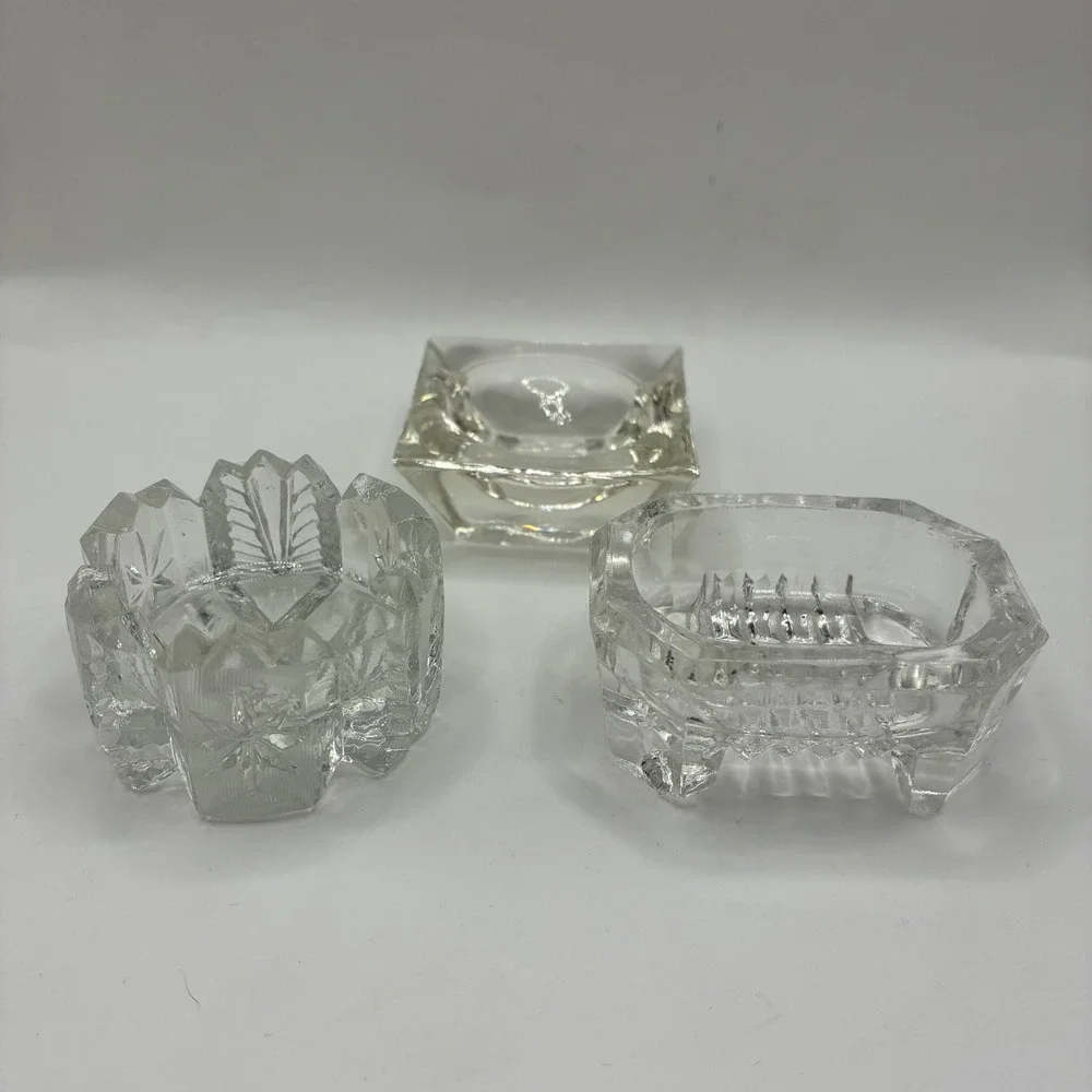Vintage Clear Pressed Glass Salt Cellars Trinket Dishes Set 3 Starburst Square
